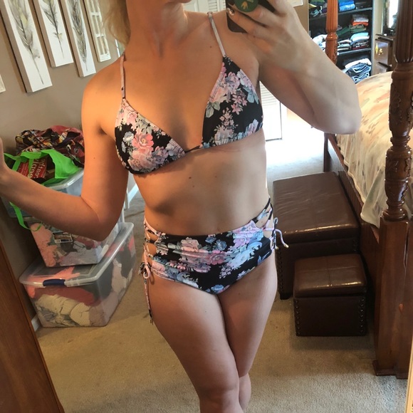 Lace Up High Waisted Floral Pink & Black bikini - Picture 5 of 12
